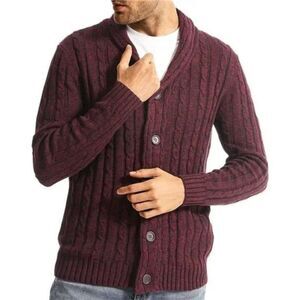 New Men's Cardigan Sweater Cable Knitted Slim Fit Wine Red